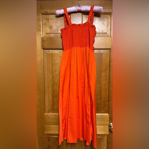 Topshop Shirred Poplin Pinny Dress- Vibrant Tangerine Orange -Smocked Midi Dress - Picture 2 of 5